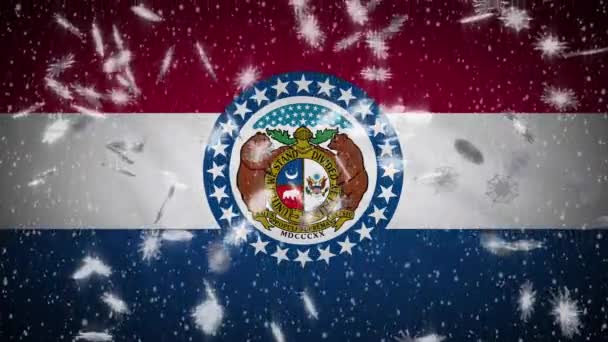 Bandera de Missouri cayendo nieve, Año Nuevo y fondo de Navidad, bucle — Vídeo de stock