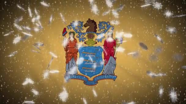 New Jersey flag falling snow, New Year and Christmas background, loop — Stock Video