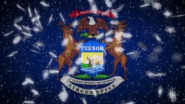 Michigan flag falling snow, New Year and Christmas background, loop — Stock Video