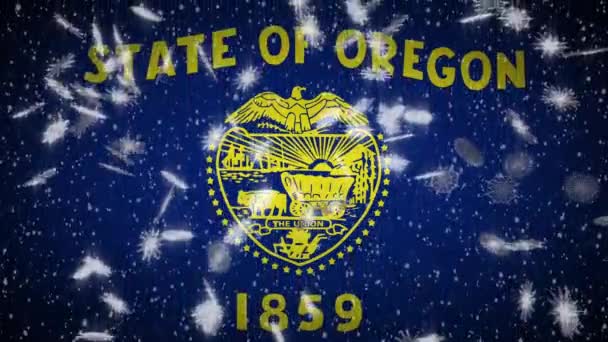 Oregon flag fallender Schnee, Hintergrund für Neujahr und Weihnachten, Schleife — Stockvideo