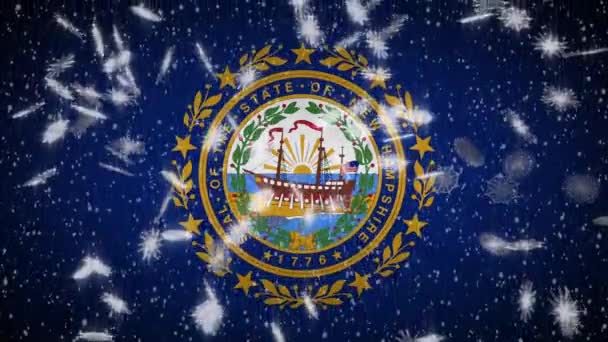 New Hampshire flag falling snow, New Year and Christmas background, loop — ストック動画