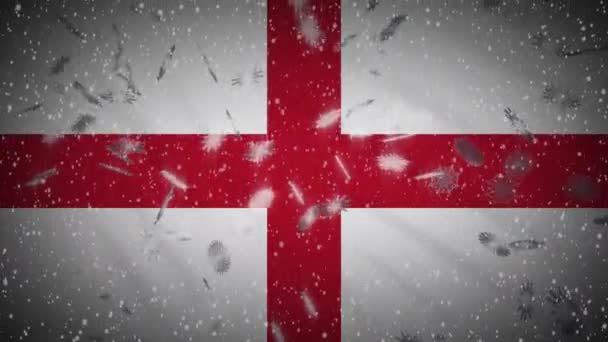 Engeland vlag vallende sneeuw loopable, Nieuwjaar en Kerstmis achtergrond, lus — Stockvideo