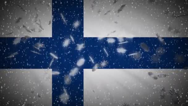 Finnland Flagge fallenden Schnee loopable, Neujahr und Weihnachten Hintergrund, Schleife — Stockvideo