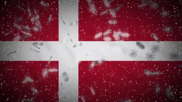 Прапор Данії Падає снігопад, Новий рік і Різдво, петля — стокове відео