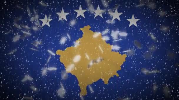 Kosovo vlajka padající sníh smyčka, Nový rok a vánoční pozadí, smyčka — Stock video