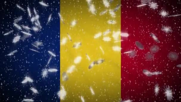 Romania flag falling snow loopable, New Year and Christmas background, loop — ストック動画