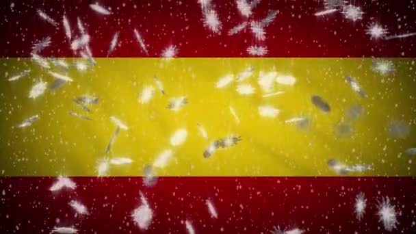 Bandera de España cayendo nieve loopable, Año Nuevo y fondo de Navidad, bucle — Vídeo de stock