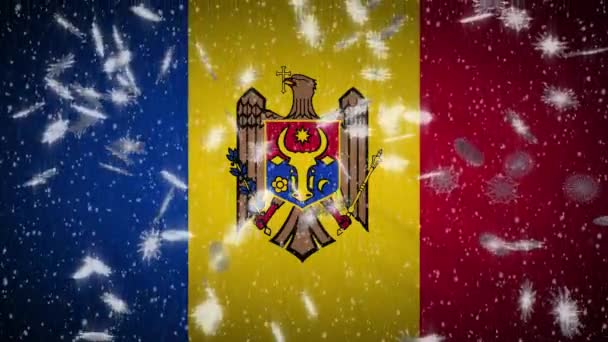 Moldova flag falling snow loopable, New Year and Christmas background, loop — Stock Video