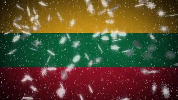 Lithuania flag falling snow loopable, New Year and Christmas background, loop — ストック動画