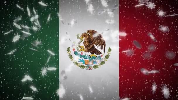 Mexico flag falling snow loopable, New Year and Christmas background, loop — Stock Video