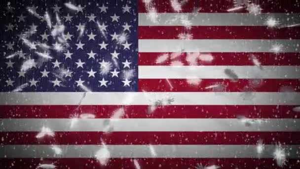 USA flag falling snow loopable, New Year and Christmas background, loop — ストック動画