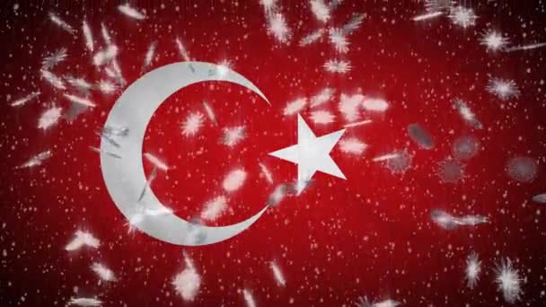 Flaga Turcji spada śnieg pętli, Nowy Rok i Boże Narodzenie tło, pętla — Wideo stockowe