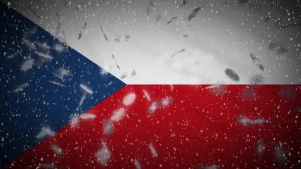 Tschechische Republik Flagge fällt Schnee Schlupflöcher, Neujahr und Weihnachten Hintergrund, Schleife — Stockvideo