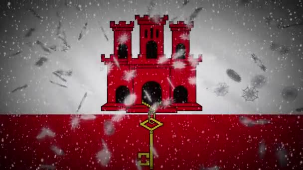 Bandiera di Gibilterra che cade neve loopable, Capodanno e sfondo di Natale, ciclo — Video Stock
