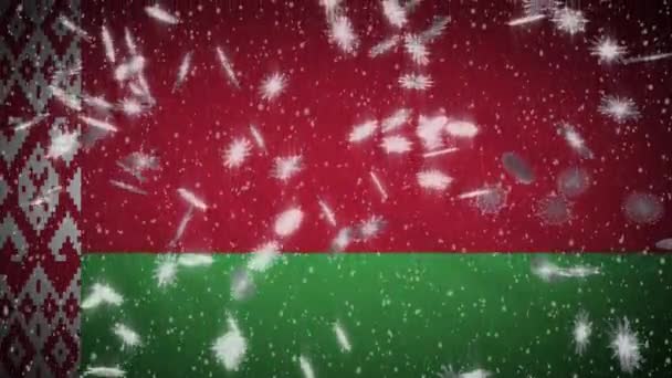 Belarusian flag falling snow loopable, New Year and Christmas background, loop — Stock Video