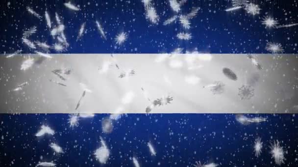 El salvador flagge fallender schnee loopable, neujahr und weihnachten hintergrund, loop — Stockvideo