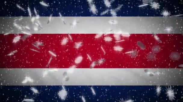 Costa Rica flag falling snow loopable, New Year and Christmas background, loop — Stock Video