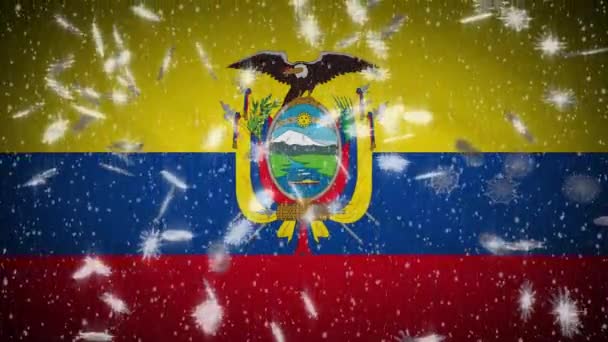 Flaga Ekwadoru spada śnieg pętli, Nowy Rok i Boże Narodzenie tło, pętla — Wideo stockowe