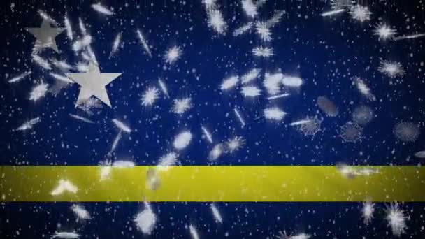 Curacao vlag vallende sneeuw loopable, Nieuwjaar en Kerst achtergrond, lus — Stockvideo