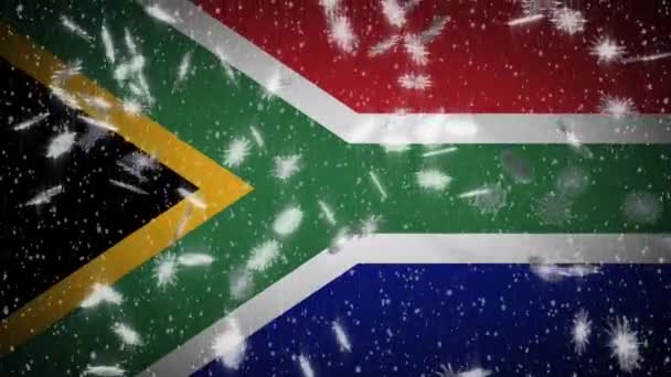 Bandera de Sudáfrica cayendo nieve loopable, Año Nuevo y fondo de Navidad, bucle — Vídeo de stock