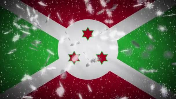 Burundi bayrağı düşen kar döngüsü, yeni yıl ve Noel arkaplanı, döngü — Stok video