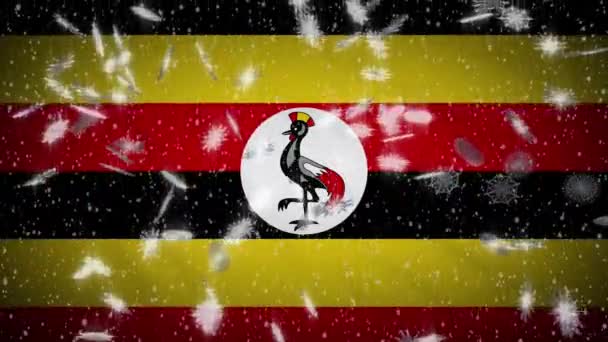Uganda bayrağı düşen kar döngüsü, Yeni Yıl ve Noel arkaplanı, döngü — Stok video