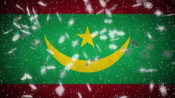 Mauretanien flagga fallande snö loopable, nyår och jul bakgrund, loop — Stockvideo