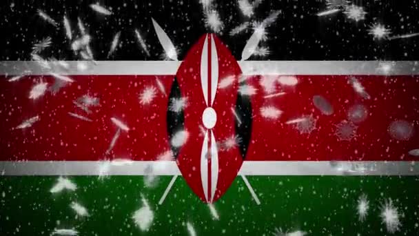 Kenya flagga fallande snö loopable, nyår och jul bakgrund, loop — Stockvideo