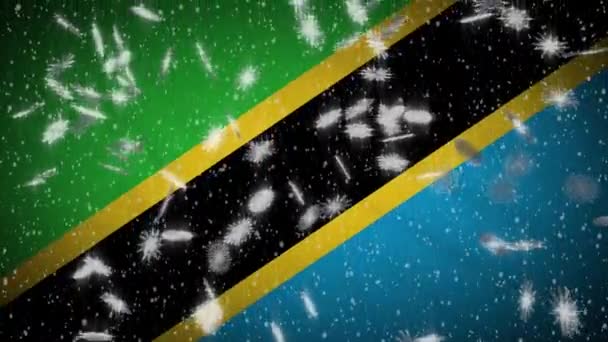 Tanzania flag falling snow loopable, New Year and Christmas background, loop — Stok Video