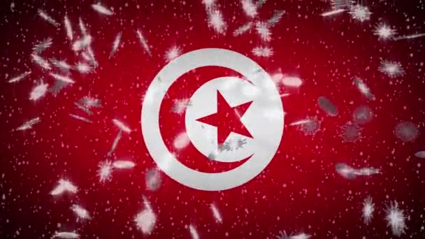 Tunisia flag falling snow loopable, New Year and Christmas background, loop — Stock Video
