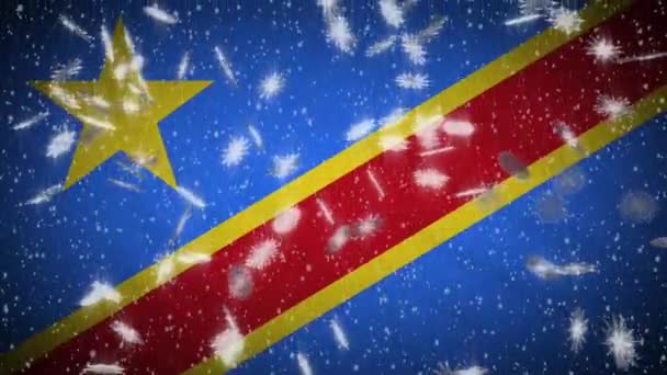 Kongo Dr flaga spada śnieg pętli, Nowy Rok i Boże Narodzenie tło, pętla — Wideo stockowe