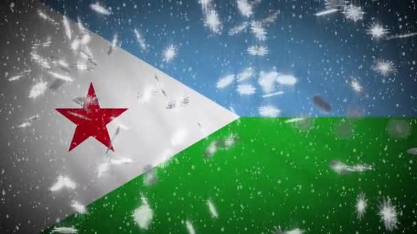 Djibouti flag falling snow loopable, New Year and Christmas background, loop — Stock Video