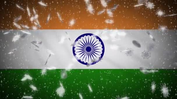Indien Flagge fallenden Schnee loopable, Neujahr und Weihnachten Hintergrund, Schleife — Stockvideo