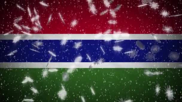 Gambia flag falling snow loopable, New Year and Christmas background, loop — Stock Video