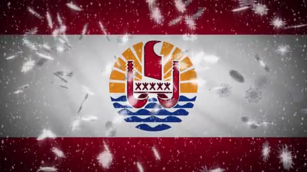 Bandiera della Polinesia francese che cade con la neve, Capodanno e Natale, ciclo — Video Stock