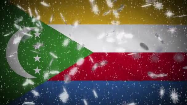 Comoros flag falling snow loopable, New Year and Christmas background, loop — 비디오