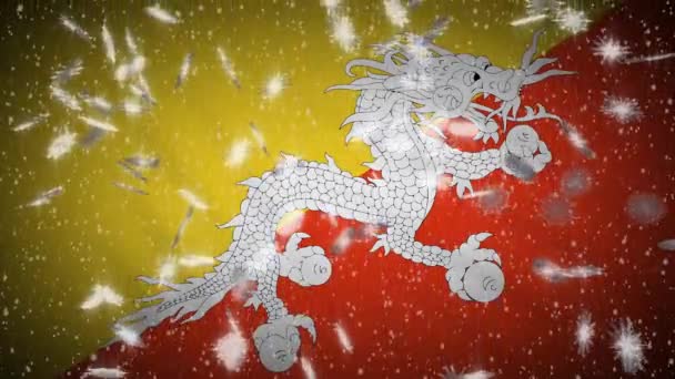 Bhutan flag falling snow loopable, New Year and Christmas background, loop — ストック動画