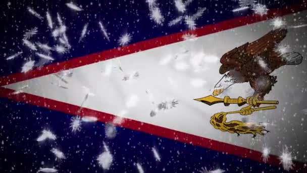 Bandera de Samoa Americana cayendo loopable nieve, Año Nuevo y fondo de Navidad, bucle — Vídeo de stock