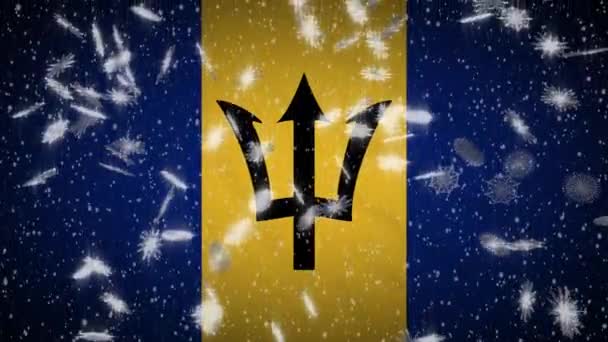 Bandera de Barbados cayendo nieve loopable, Año Nuevo y fondo de Navidad, bucle — Vídeos de Stock