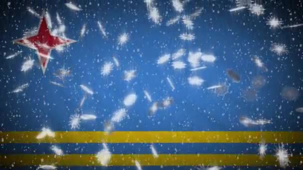 Aruba flag falling snow loopable, New Year and Christmas background, loop — Stock Video