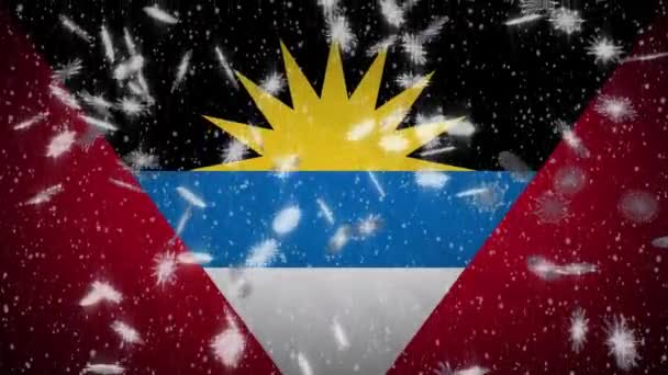 Antigua ve Barbuda bayrağı düşen kar döngüsü, Yeni Yıl ve Noel, döngü — Stok video