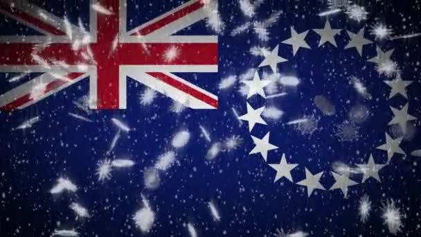 Cook Islands flag falling snow loopable, New Year and Christmas background, loop — Stockvideo