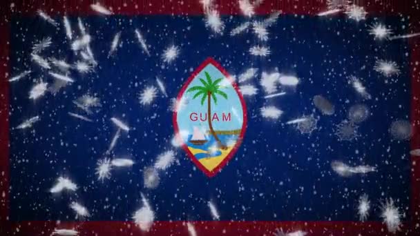 Guam flag falling snow loopable, New Year and Christmas background, loop — Stock Video