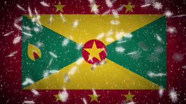 Grenada Flagge fallenden Schnee loopable, Neujahr und Weihnachten Hintergrund, Schleife — Stockvideo