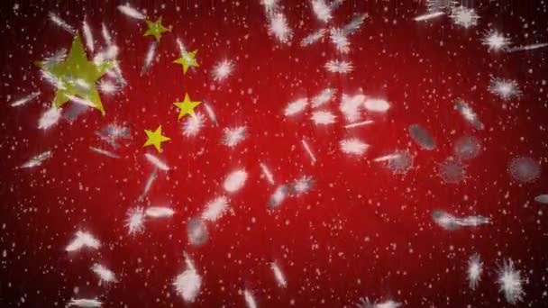 Bandera de China cayendo nieve loopable, Año Nuevo y fondo de Navidad, bucle — Vídeos de Stock