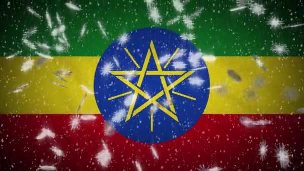 Ethiopia flag falling snow loopable, New Year and Christmas background, loop — Stock Video