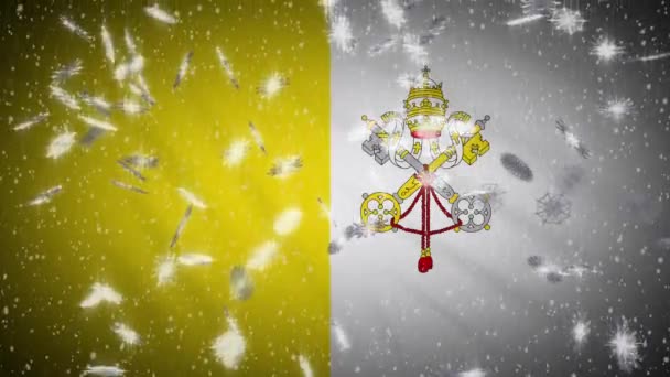 Vatican flag falling snow loopable, New Year and Christmas background, loop — Stock Video