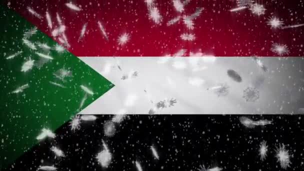 Sudan flag falling snow loopable, New Year and Christmas background, loop — Stockvideo