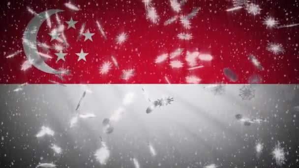 Singapore flag falling snow loopable, New Year and Christmas background, loop — Stock Video