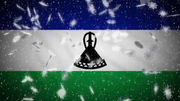 Lesotho flag falling snow loopable, New Year and Christmas background, loop — Stock Video